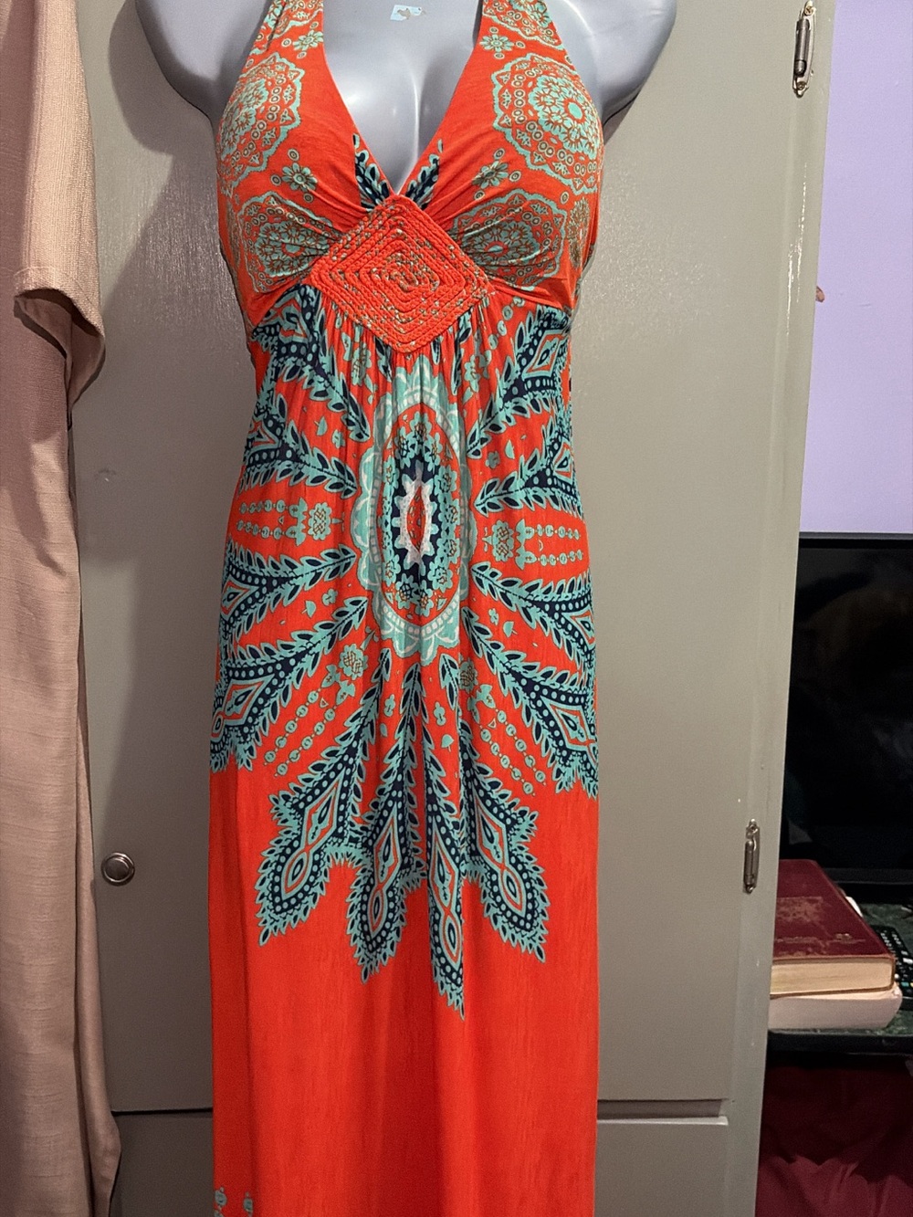 Coral Halter Maxi Dress with Teal Medallion Print